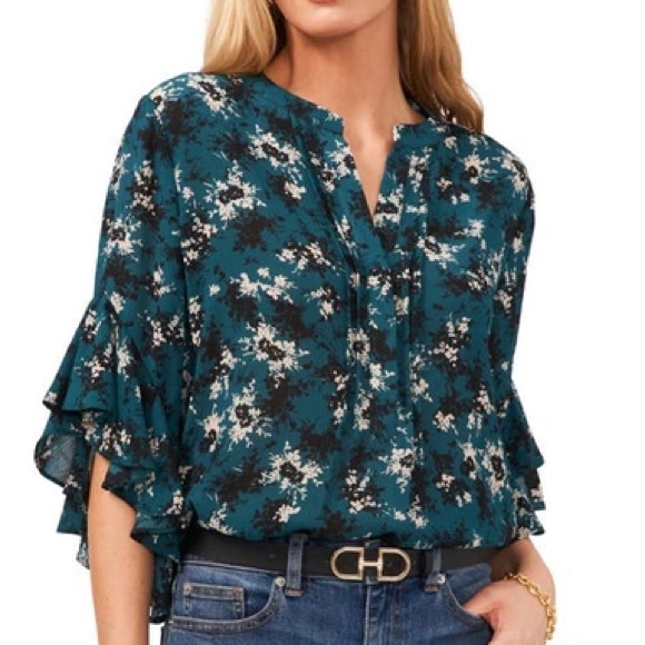 Ruffle Sleeve Split Neck Blouse In Rich Spruce - Picture 1 of 3